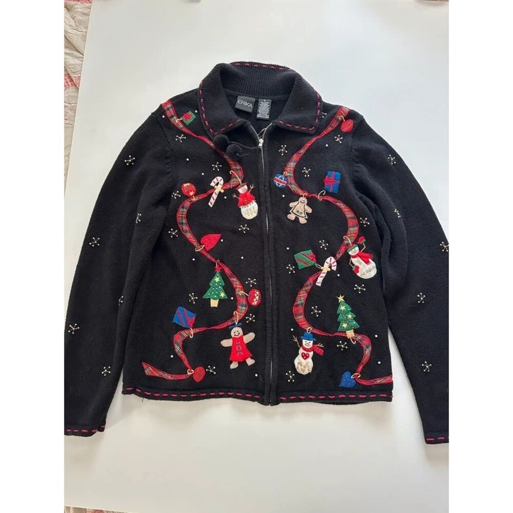 Erika Black Holiday Zip Sweater Jacket with Festive Appliqués